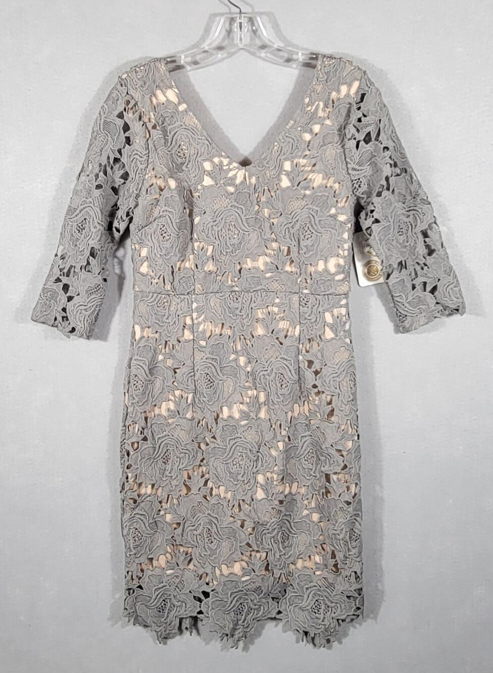 NWT Soiéblu Floral Crochet Lace Dress Medium Grey Nude Lined V-Neck Bodycon